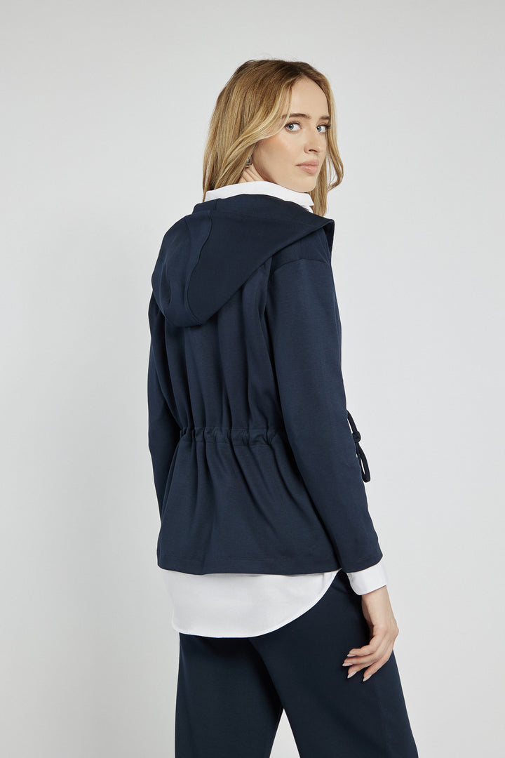 Navy blue hooded jacket with ribbed cuffs