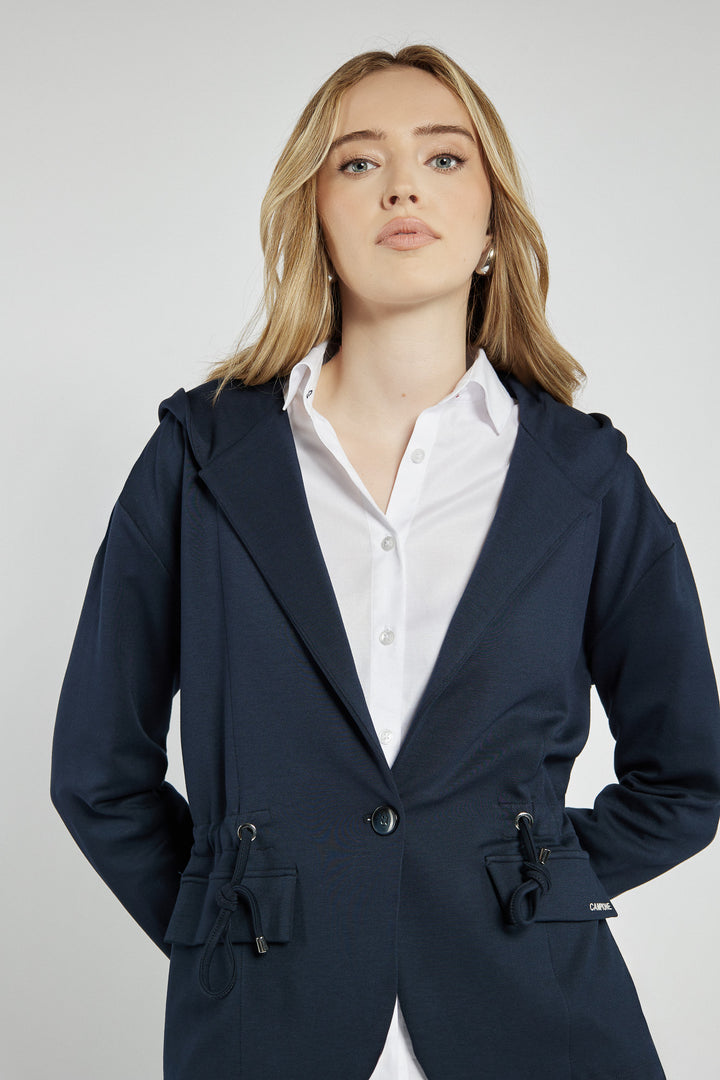 Navy blue hooded jacket with ribbed cuffs