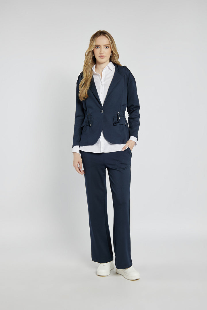 Navy blue hooded jacket with ribbed cuffs