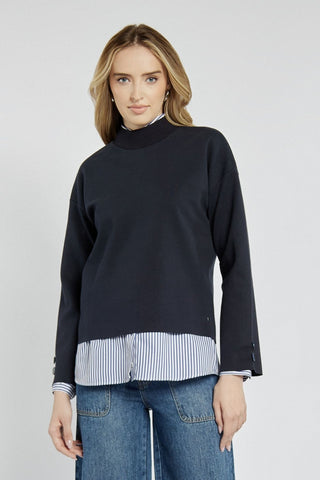 Navy blue non-fastening sweatshirt with a stand-up collar