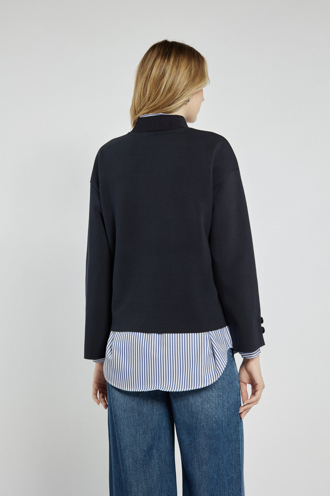 Navy blue non-fastening sweatshirt with a stand-up collar