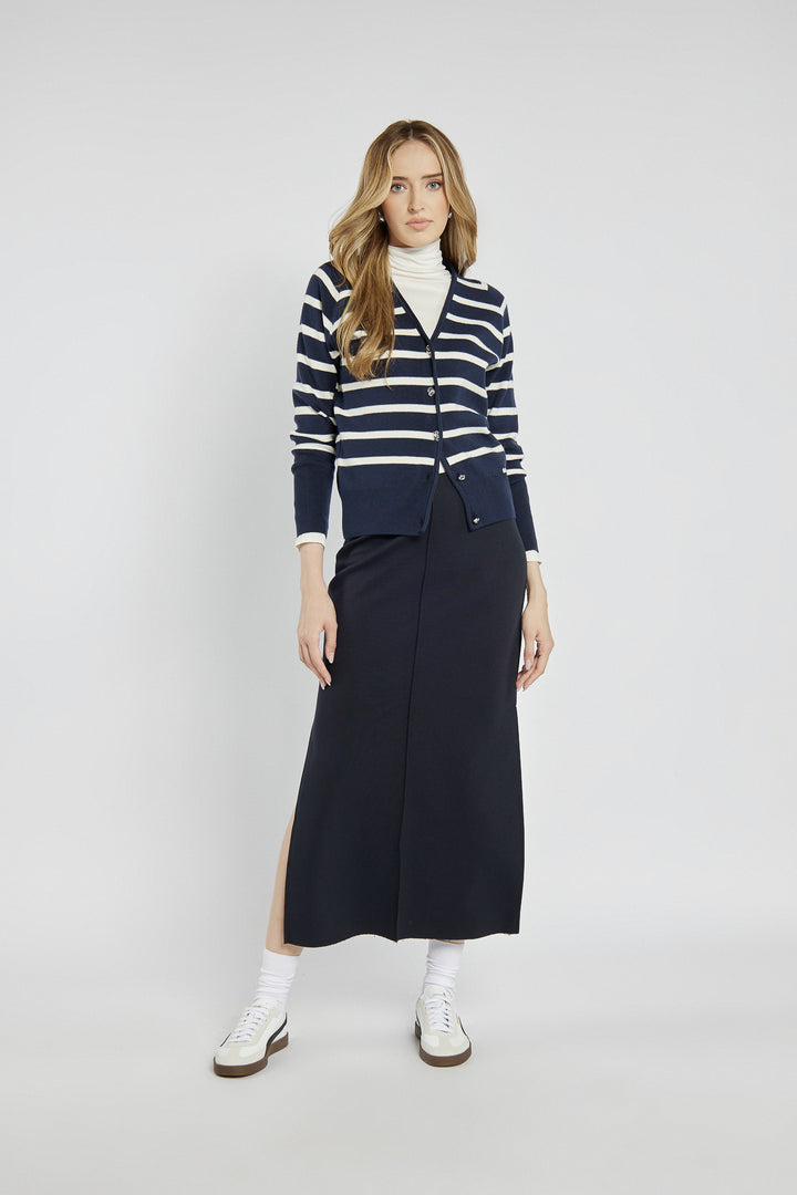 Navy blue knitted midi skirt with a slit