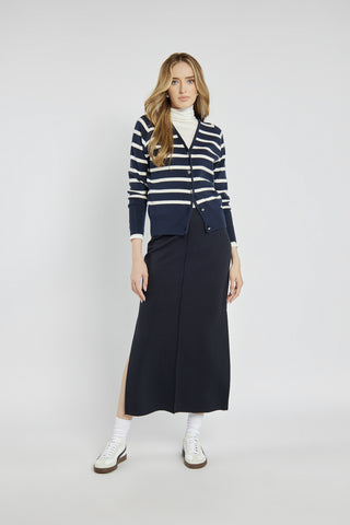 Navy blue knitted midi skirt with a slit