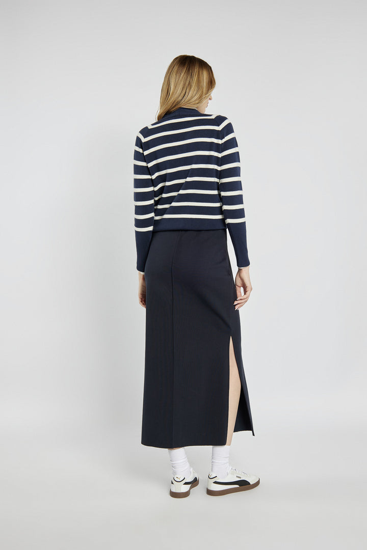 Navy blue knitted midi skirt with a slit