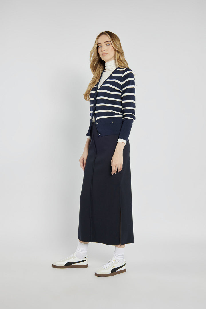 Navy blue knitted midi skirt with a slit