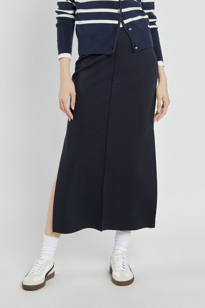 Navy blue knitted midi skirt with a slit