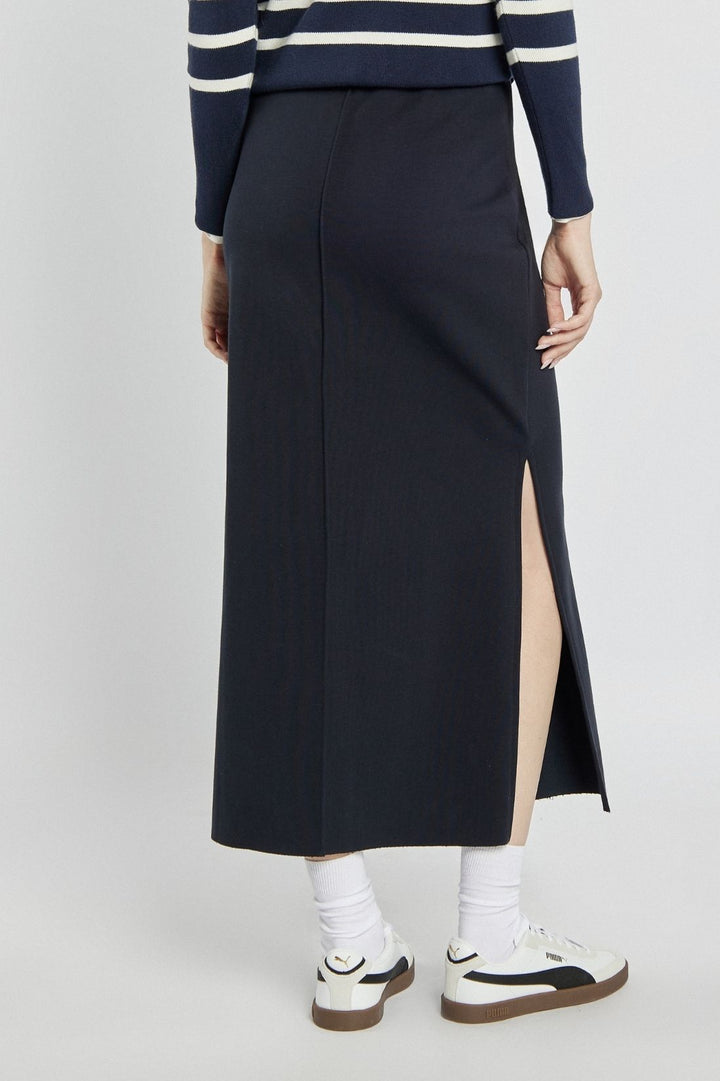 Navy blue knitted midi skirt with a slit