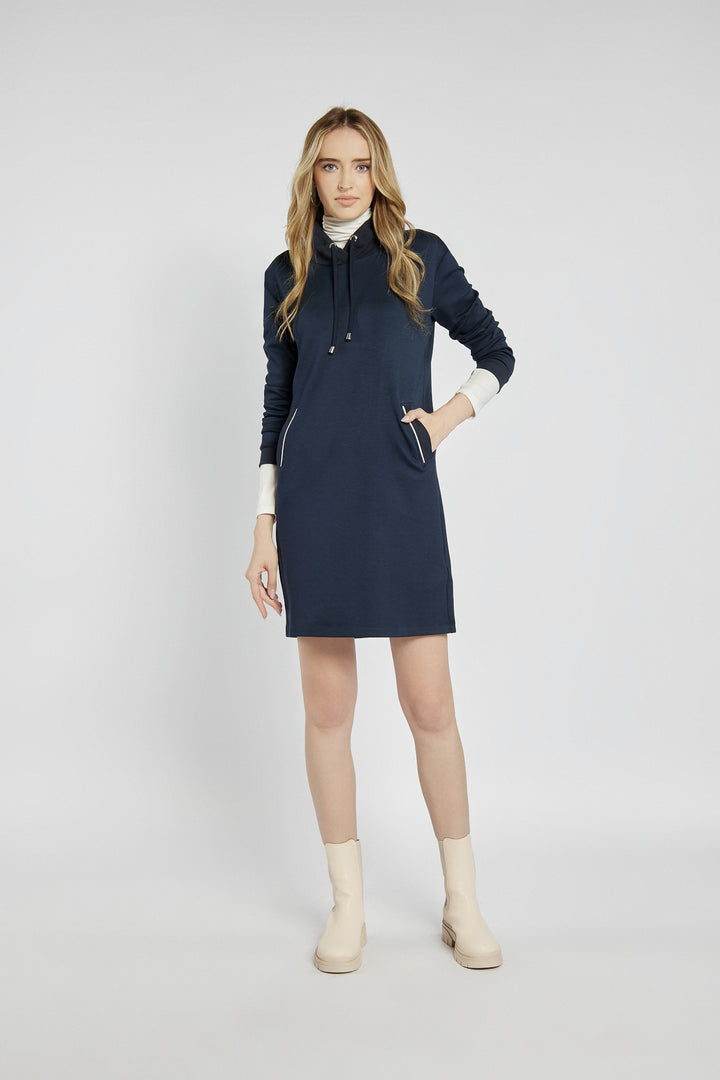 Navy blue sweatshirt dress with a high collar
