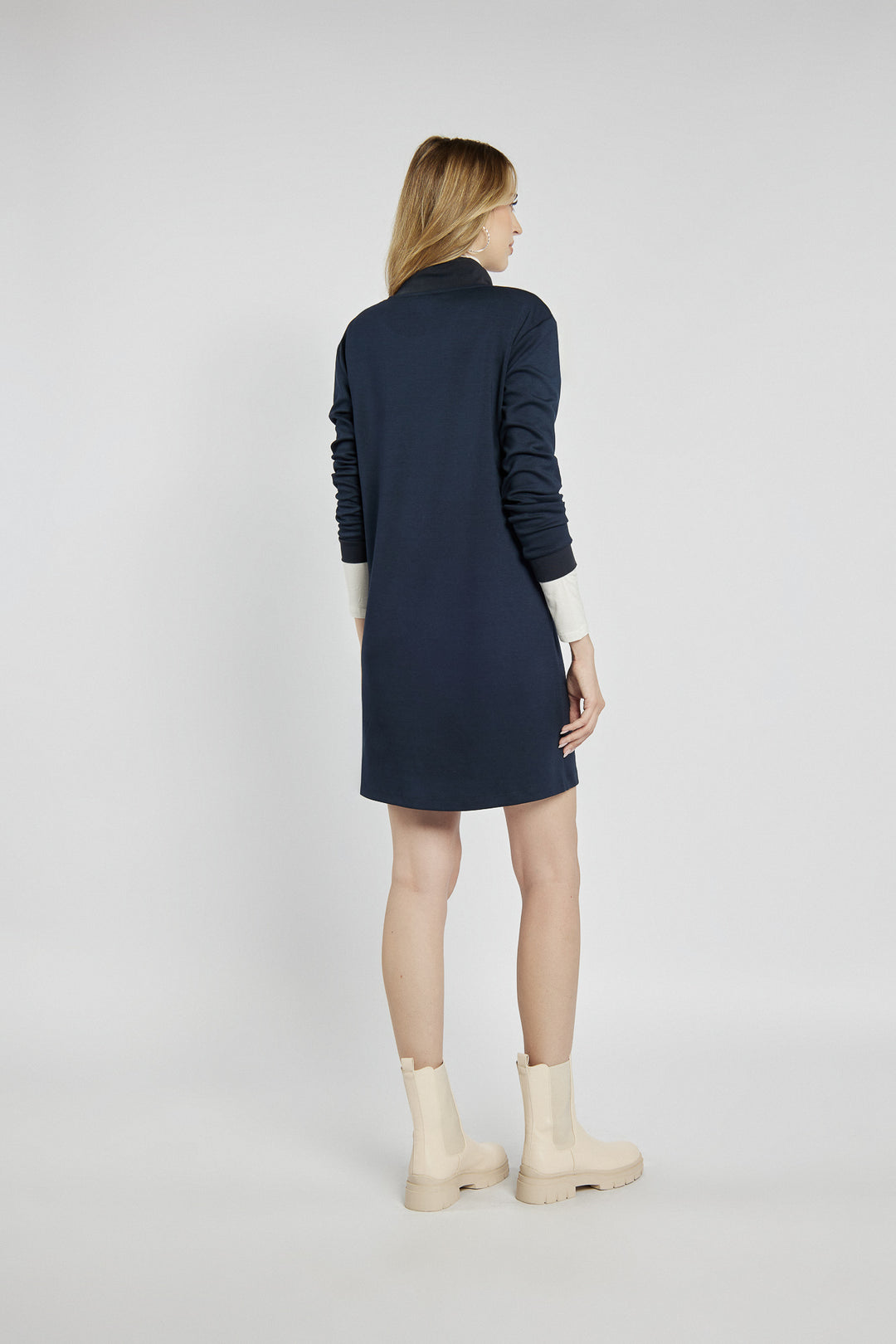 Navy blue sweatshirt dress with a high collar