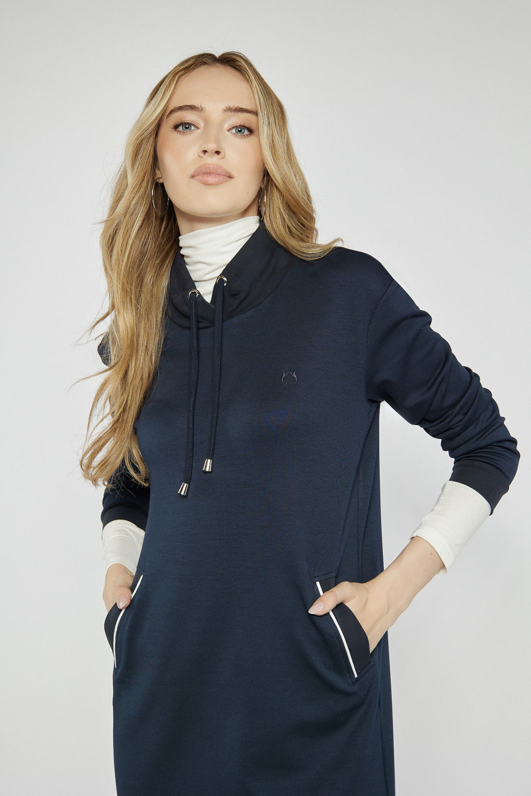 Navy blue sweatshirt dress with a high collar