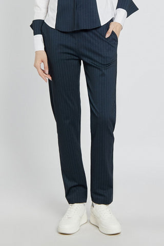 Navy blue striped pants with an elastic waist