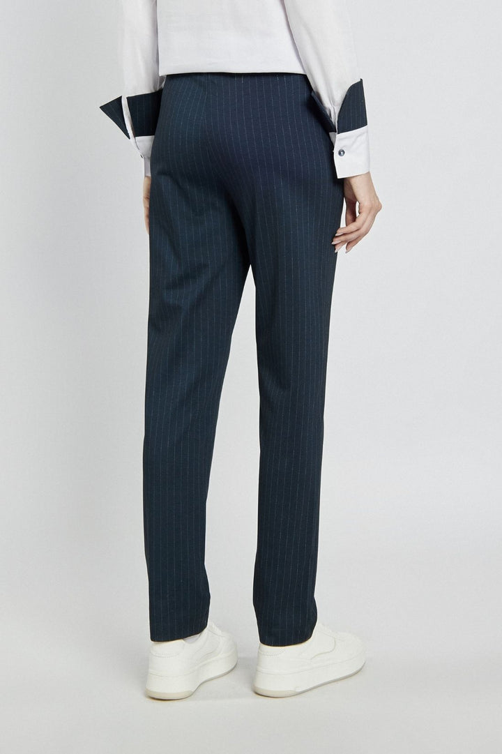 Navy blue striped pants with an elastic waist