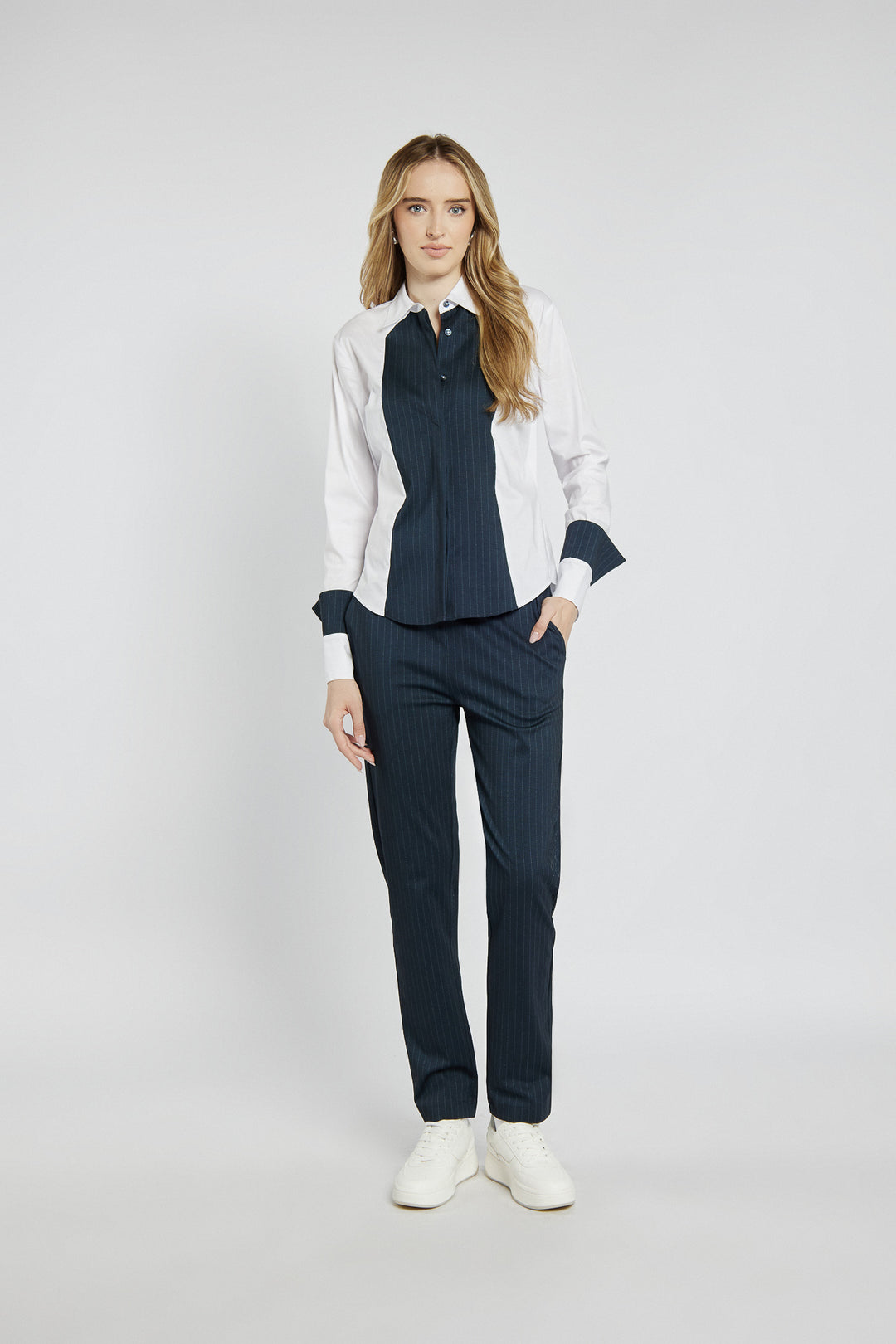 Navy blue striped pants with an elastic waist