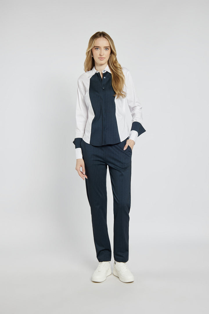 Navy blue striped pants with an elastic waist