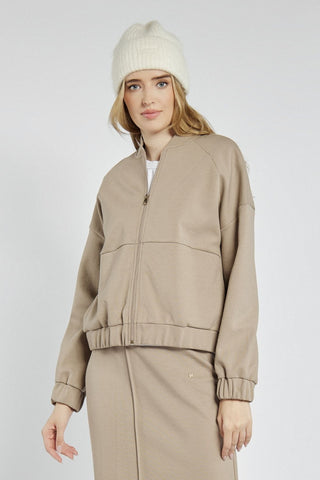 Beige zip-up sweatshirt with decorative stitching