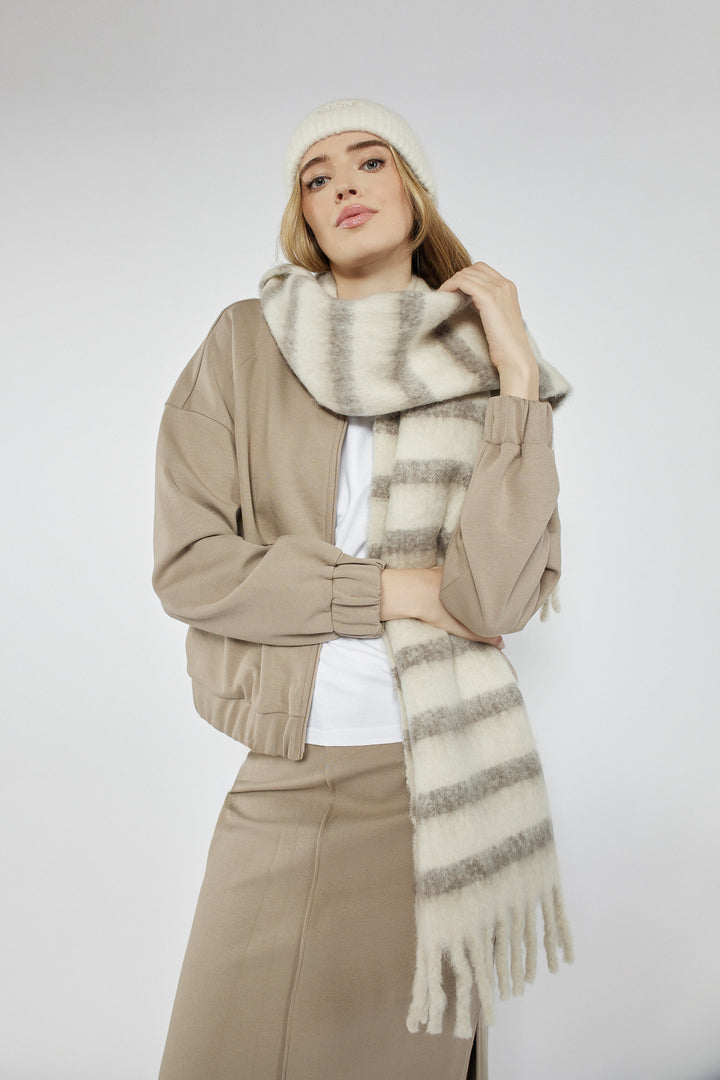 Beige zip-up sweatshirt with decorative stitching