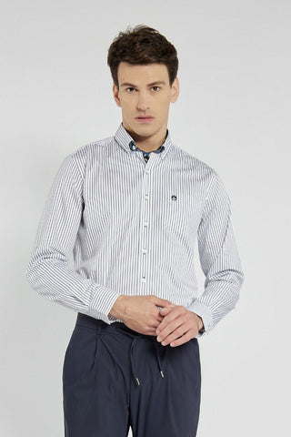Campione men's shirt with white and navy blue vertical stripes