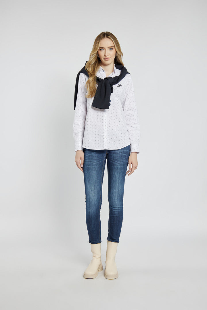 Navy blue jeans with abrasions