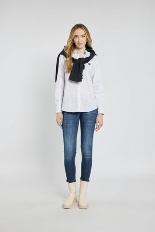 Navy blue jeans with abrasions