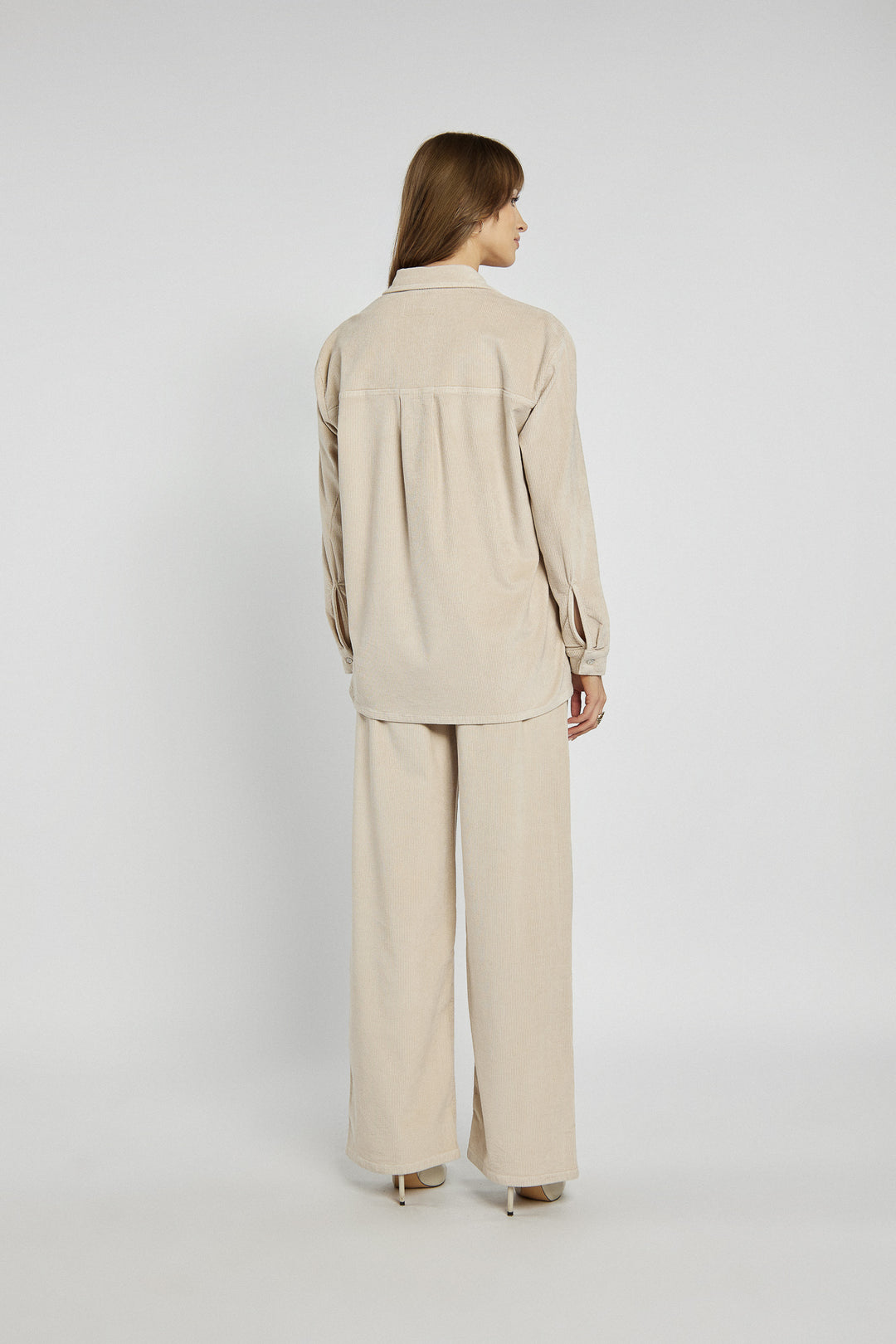 Beige corduroy pants with a straight cut