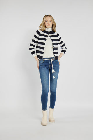 Navy blue jeans with a braided belt