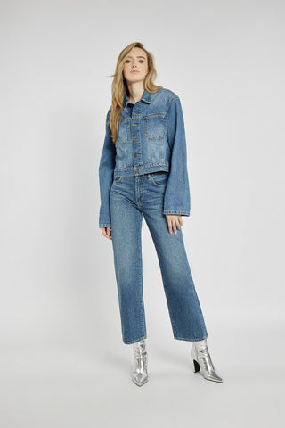 Navy blue wide-leg jeans with studs