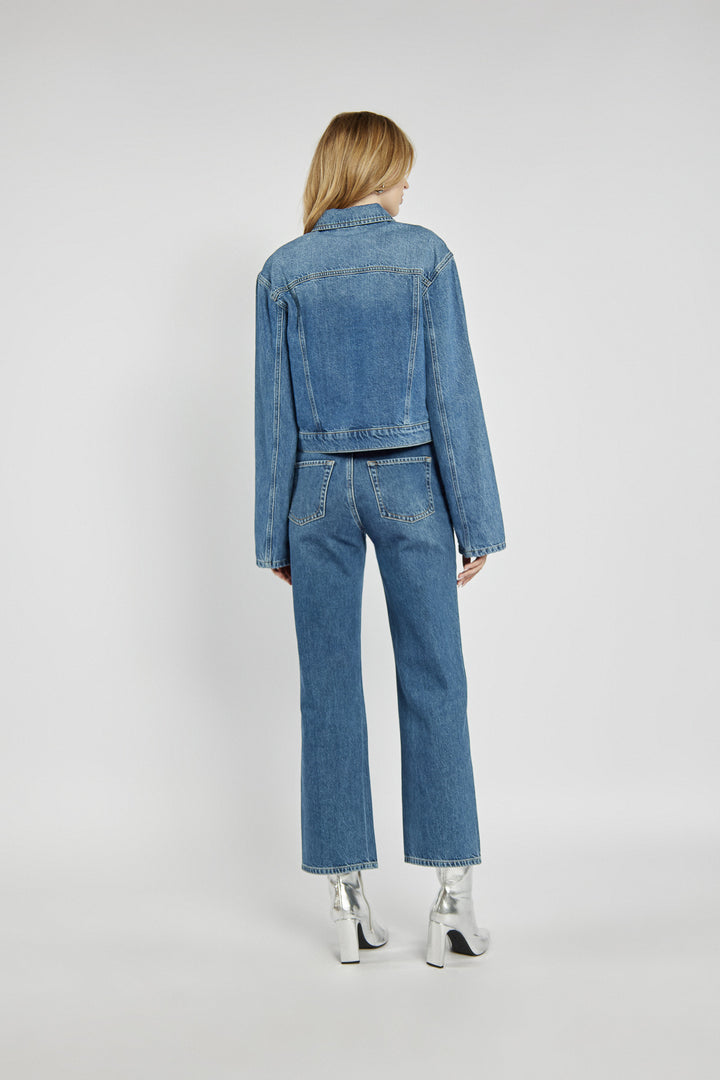 Navy blue wide-leg jeans with studs