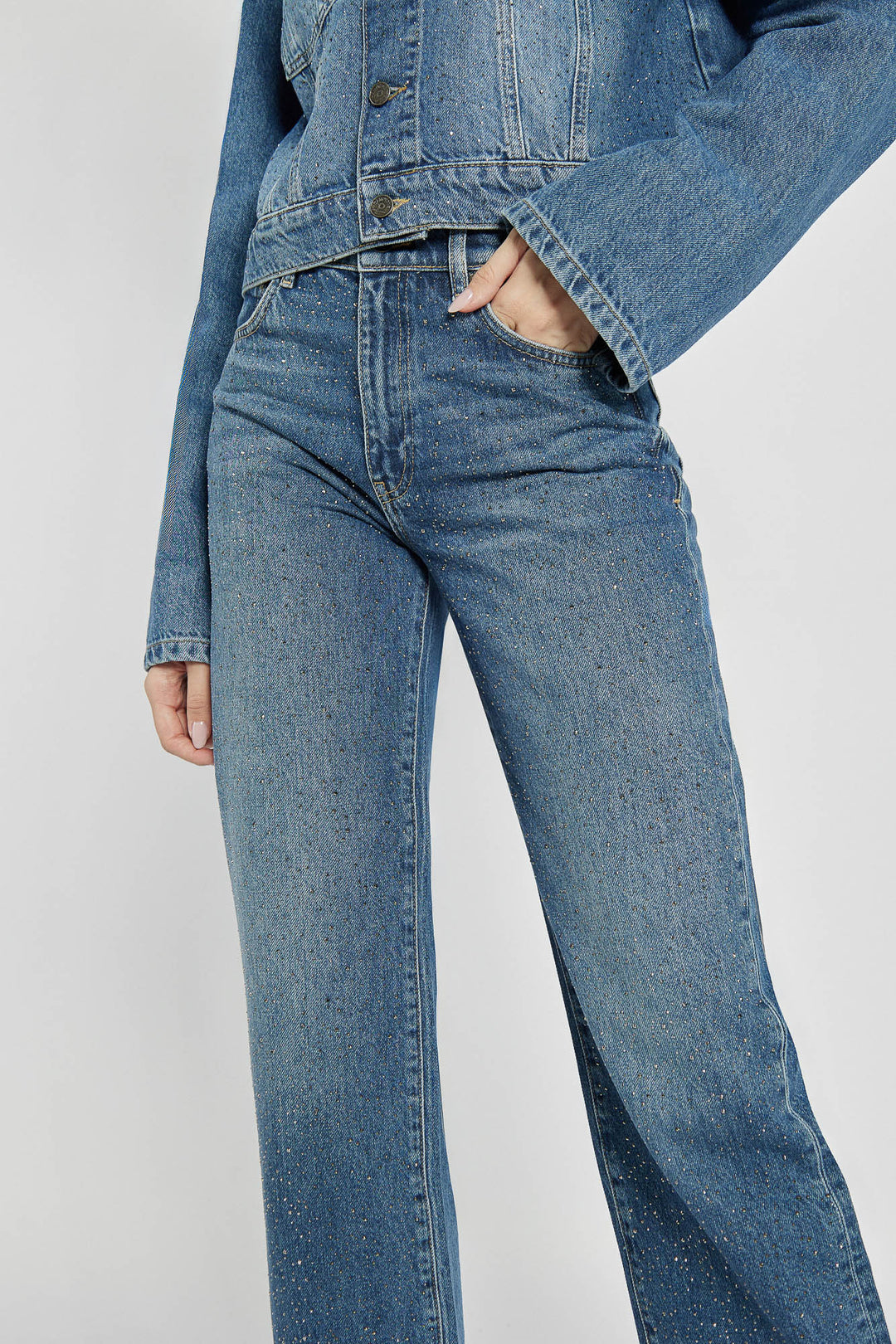 Navy blue wide-leg jeans with studs