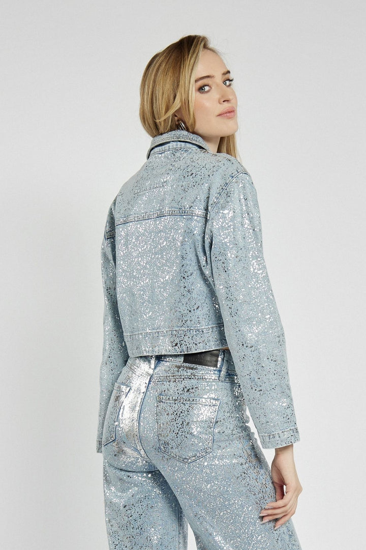 Women's short denim jacket with metallic dots