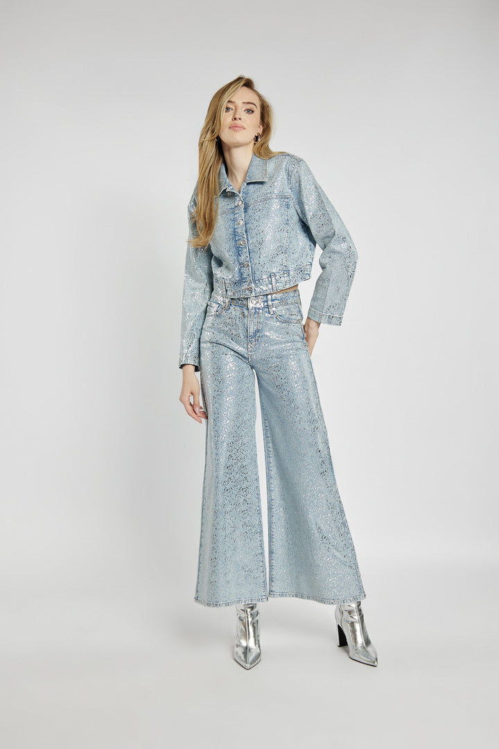 Women's short denim jacket with metallic dots