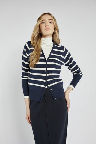Navy blue cardigan with white horizontal stripes