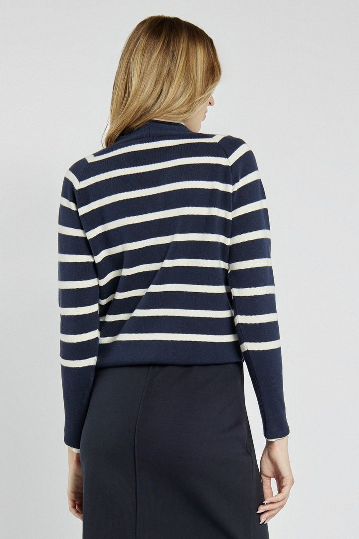 Navy blue cardigan with white horizontal stripes