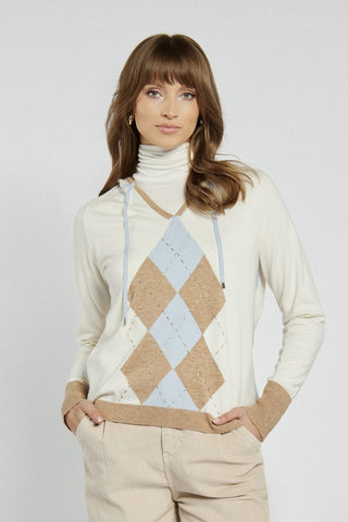 Women's beige and blue diamond pattern turtleneck sweater