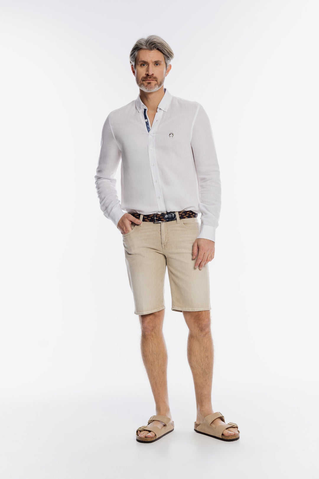 Alberto klassische Shorts in Beige mit Denim-Struktur