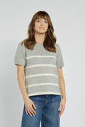 Grey Jumper with Horizontal White Stripes