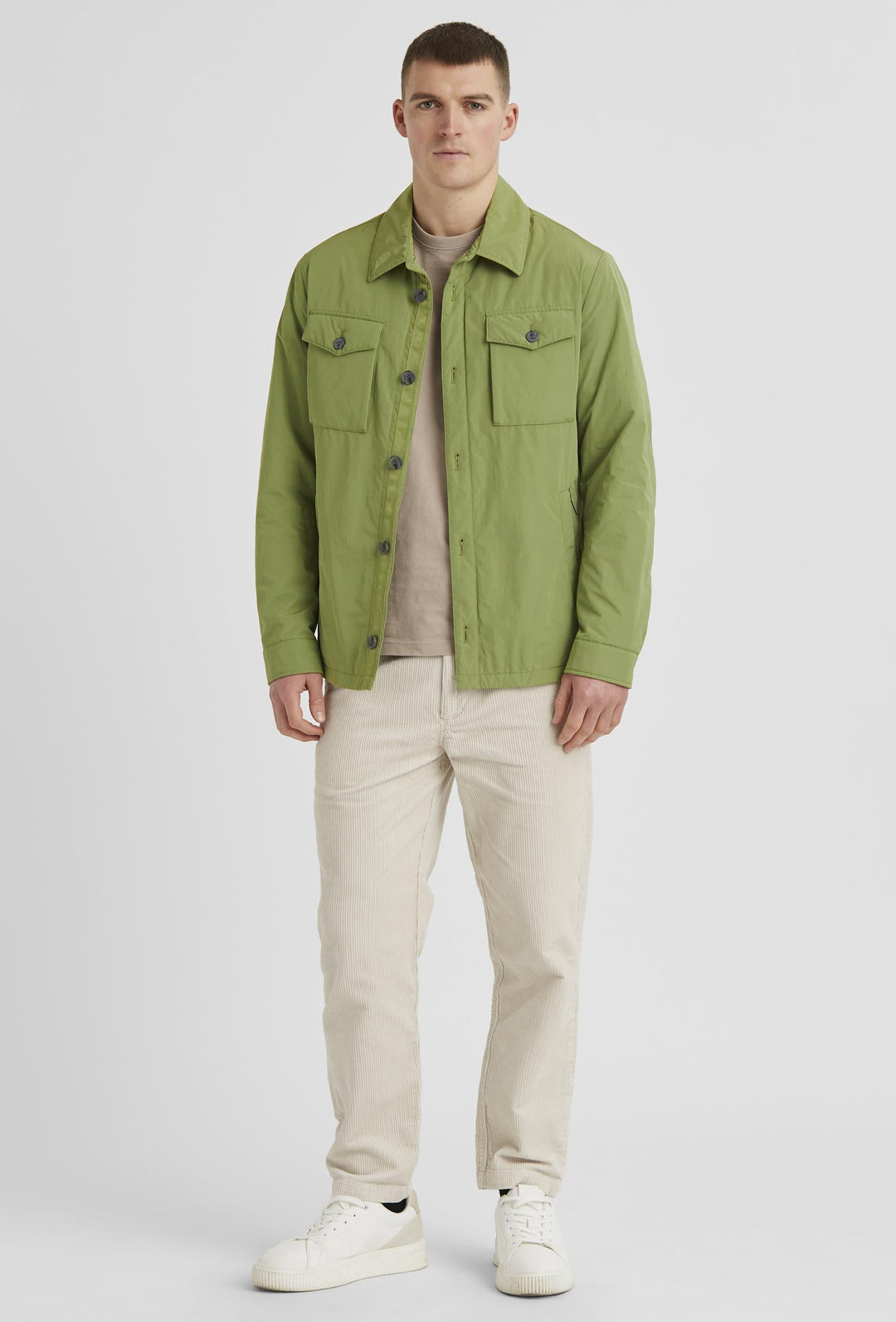 Green Jacket with Button Fastening, Stand Collar and Large Pockets