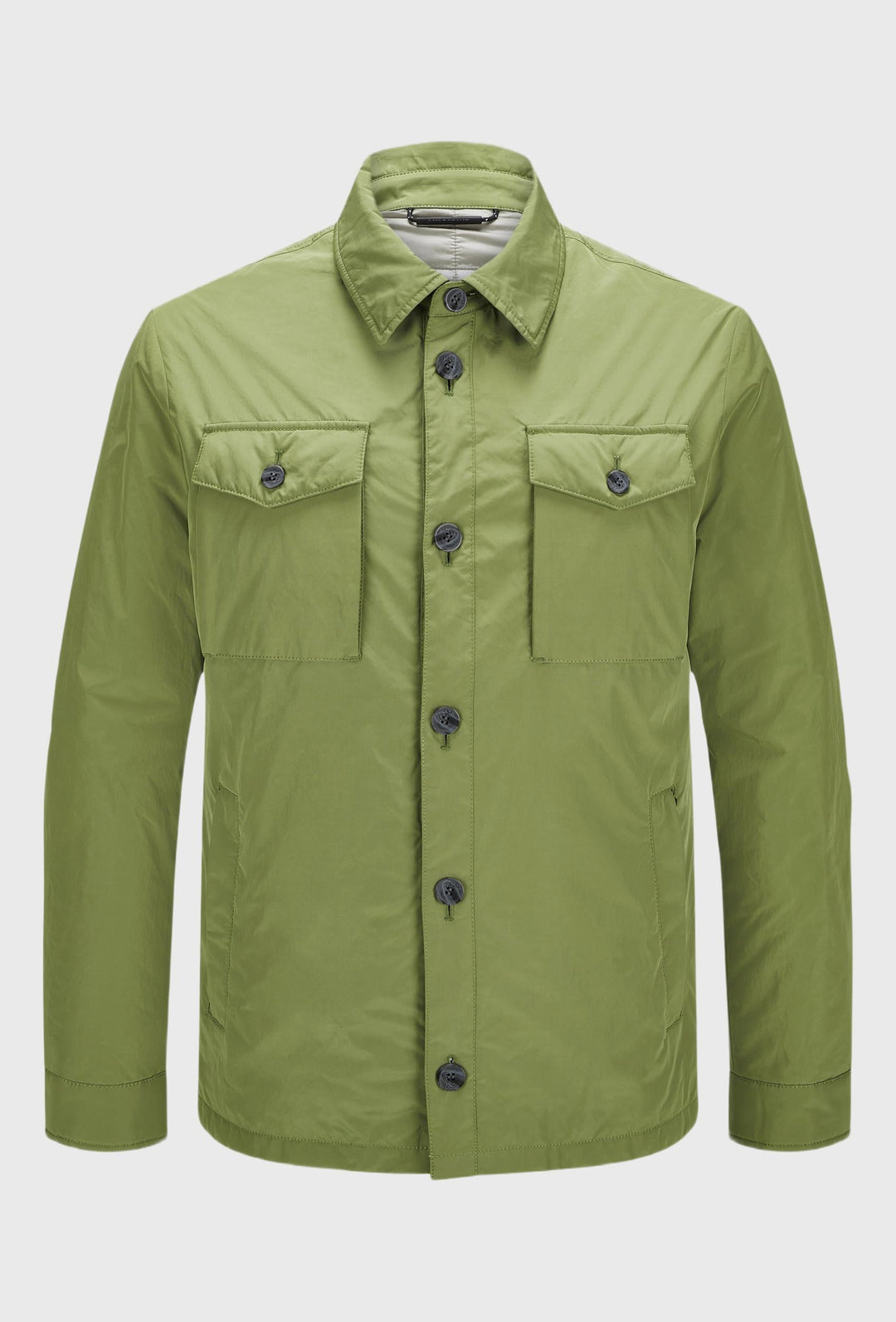 Green Jacket with Button Fastening, Stand Collar and Large Pockets