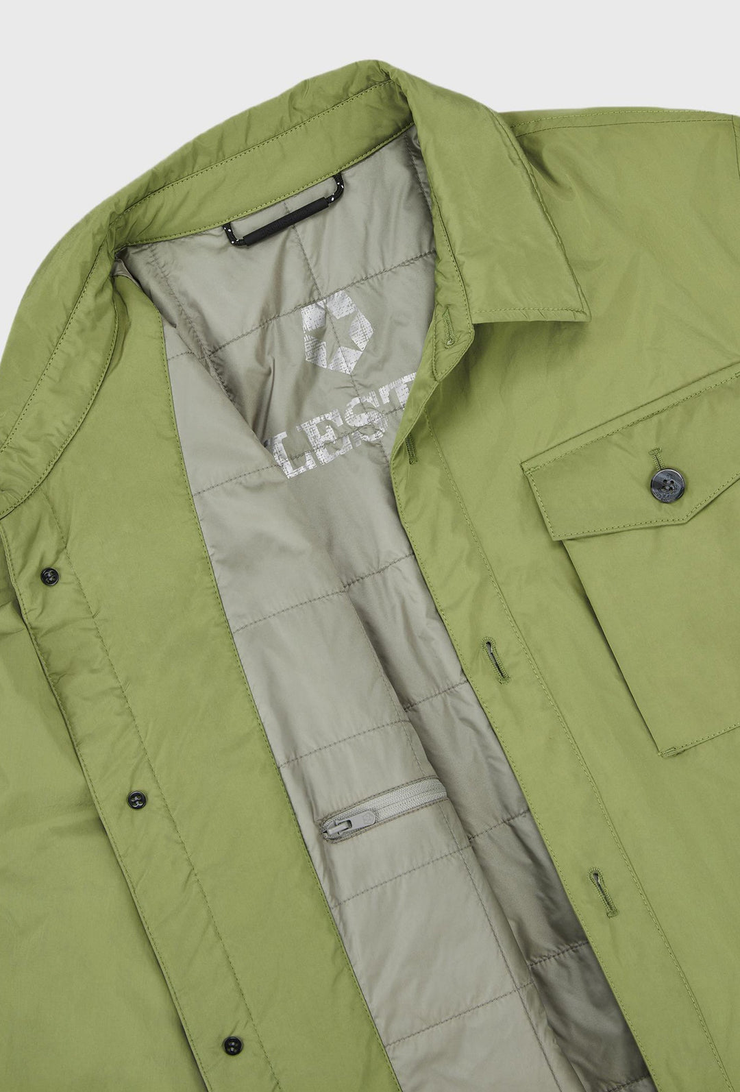 Green Jacket with Button Fastening, Stand Collar and Large Pockets