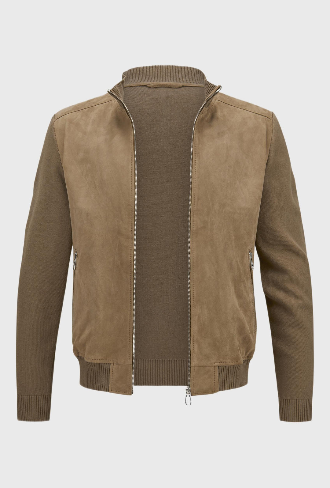 Stilvolle, eng anliegende Wildlederjacke mit Express-Taschen, in brauner Farbe