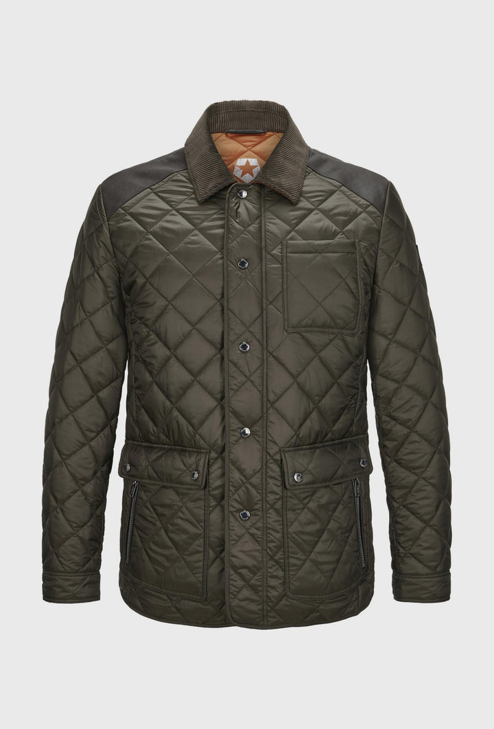 Green Quilted Jacket with Brown Collar