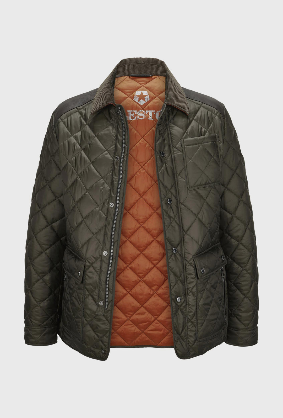 Green Quilted Jacket with Brown Collar