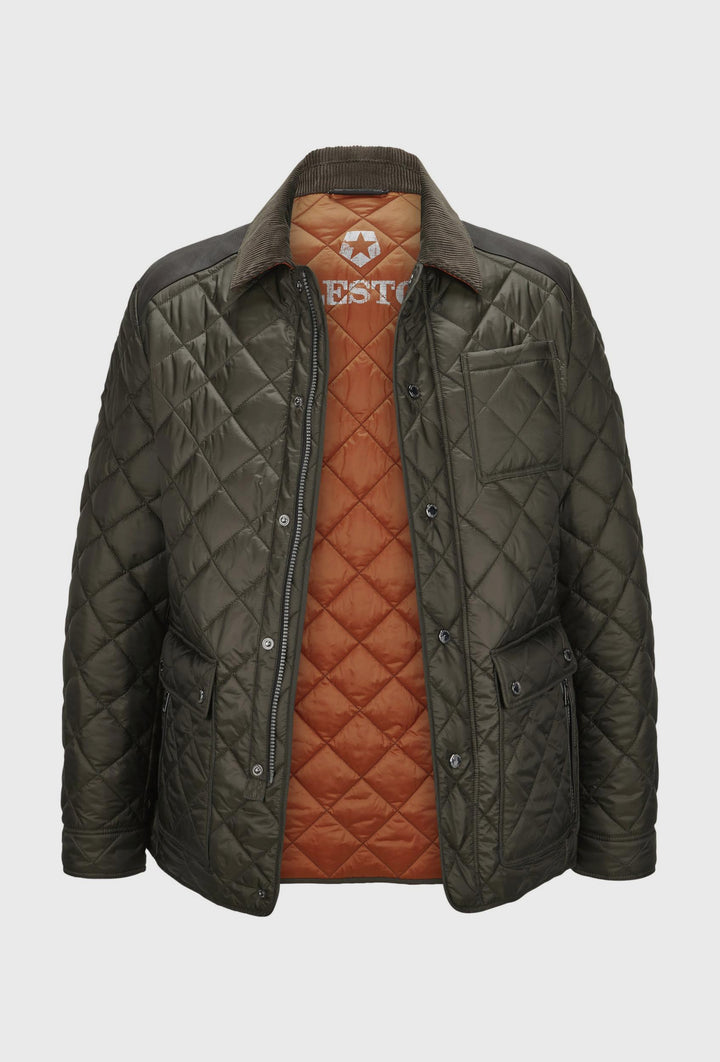 Green Quilted Jacket with Brown Collar