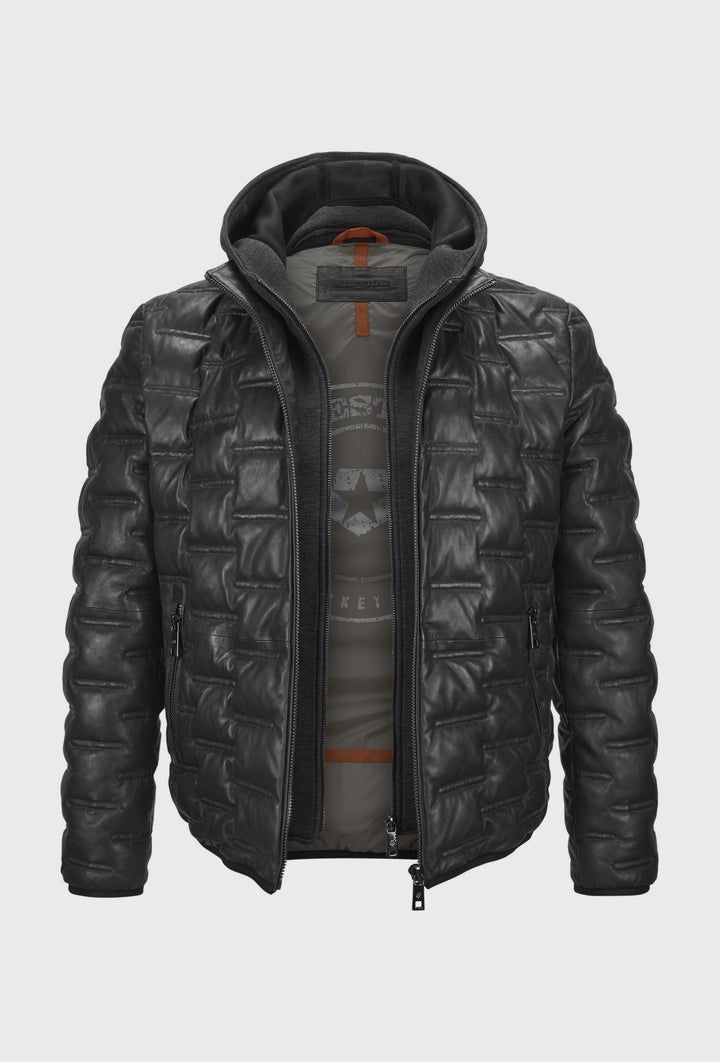 Men's Quilted Hooded Leather Jacket