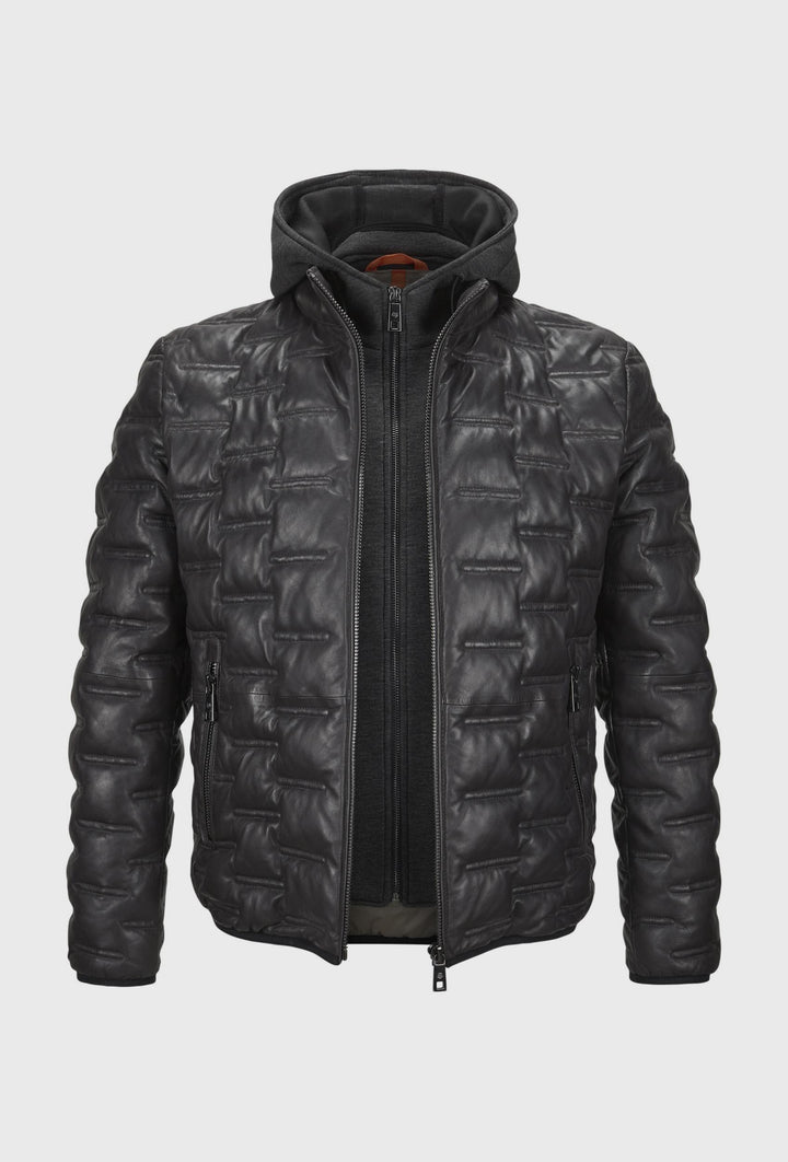 Men's Quilted Hooded Leather Jacket