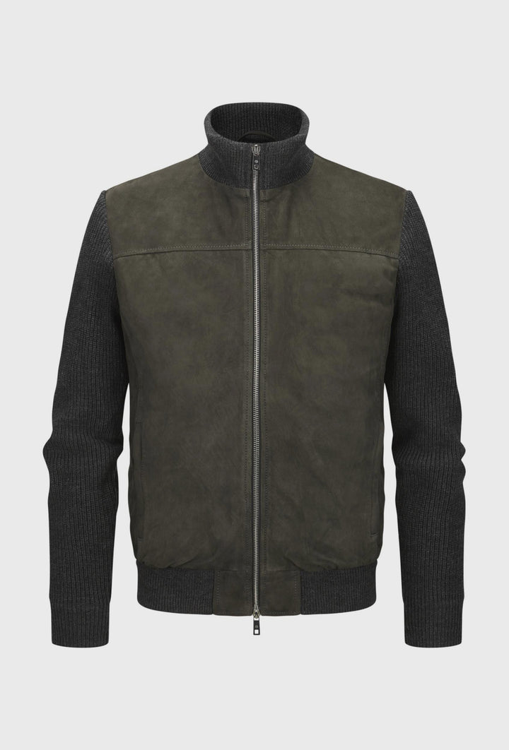 Men's Leather Jacket with Knitted Sleeves