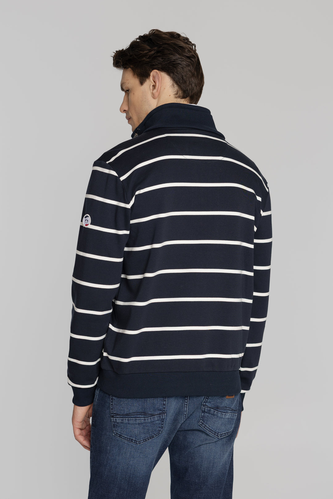 Męska bluza w granatowo-białe paski z zamkiem przy stójce Regular Fit