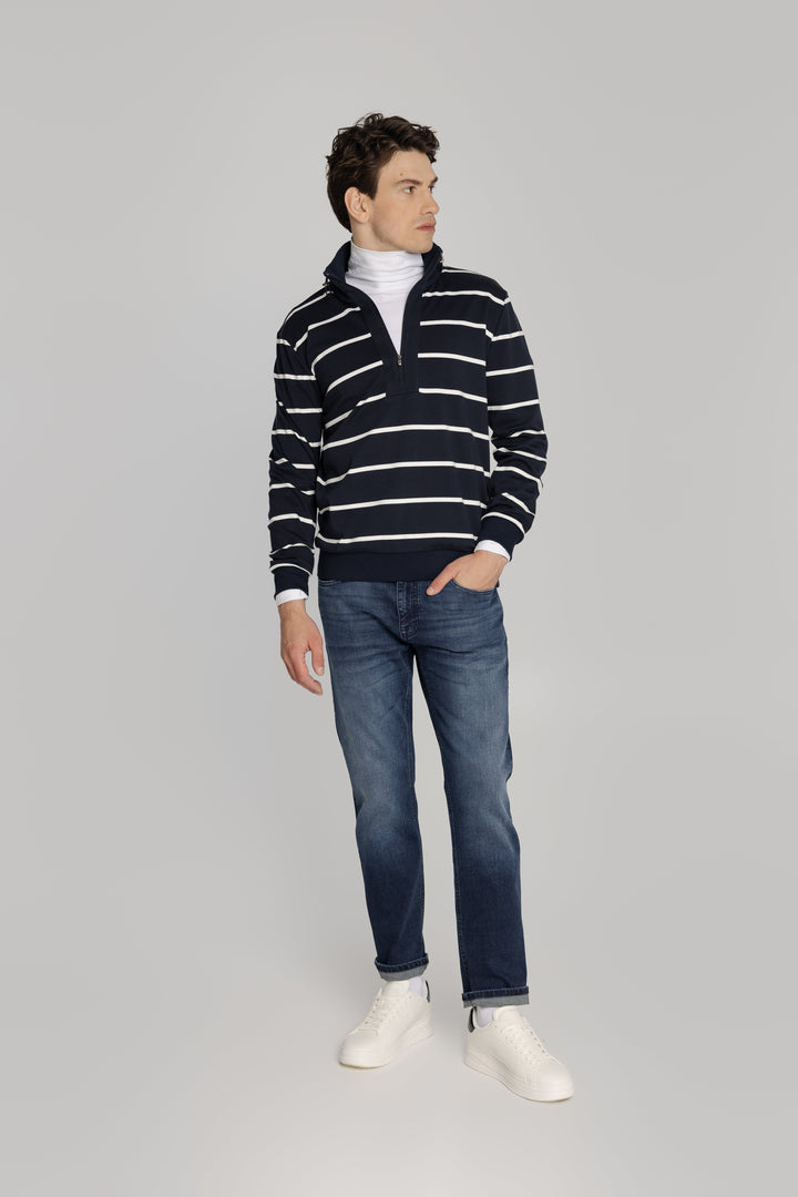 Męska bluza w granatowo-białe paski z zamkiem przy stójce Regular Fit
