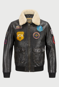 Brown Leather Aviator Jacket with Patches and a Sherpa Collar