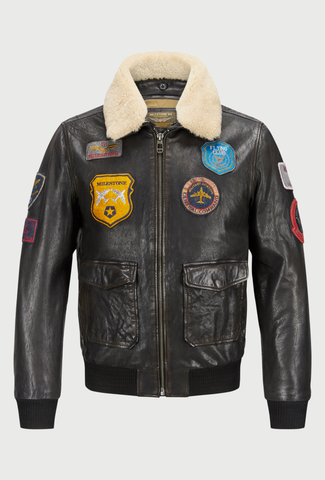 Brown Leather Aviator Jacket with Patches and a Sherpa Collar