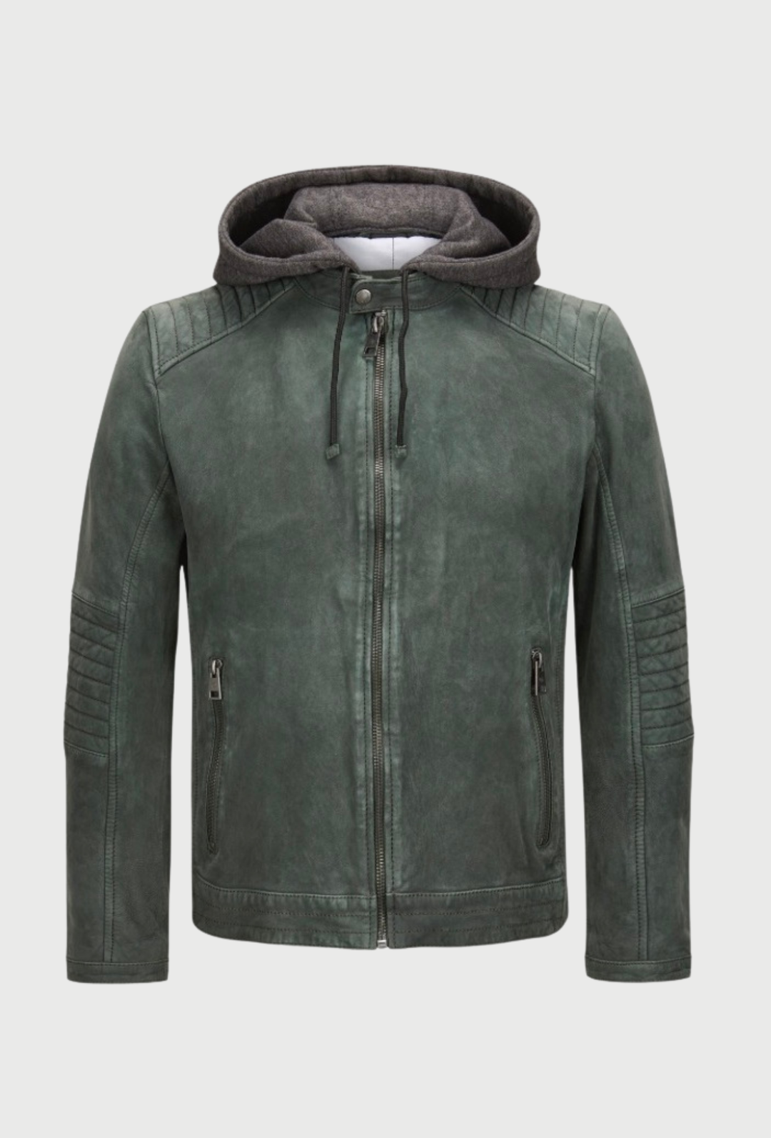 Navy Leather Jacket with a Detachable Hood
